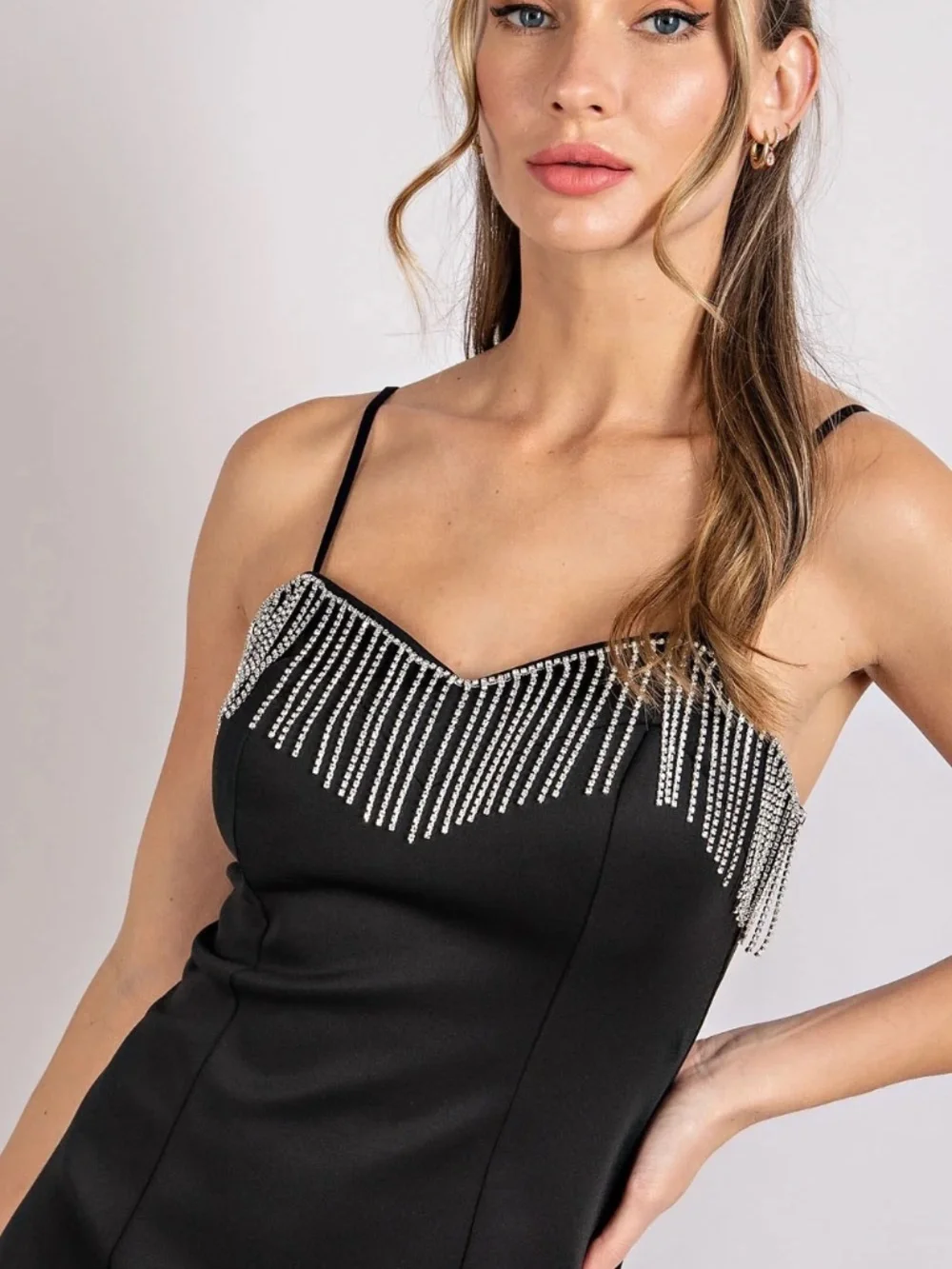 NWT Sleek Black Spaghetti Strap Body Con Dress with Rhinestone Fringe